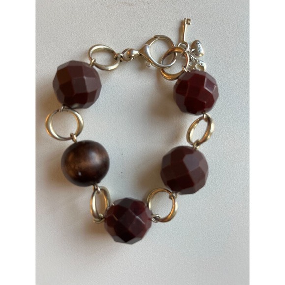 Fossil Bracelet Faceted Brown Large Beaded Key Lock Heart Charm Goldtone - Picture 1 of 2